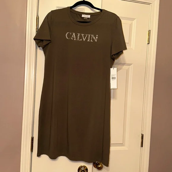 calvin klein green shirt dress Green Short Sleeve Dress